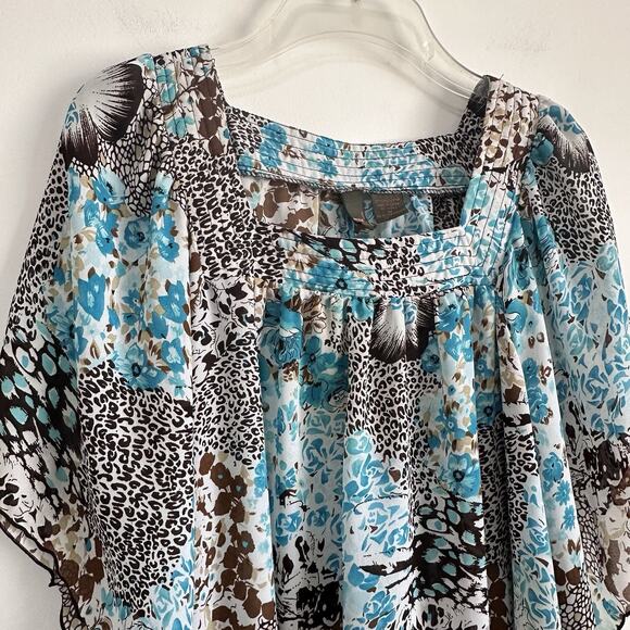 Sere Nade Top M Blue Brown Animal Chiffon Drawstring Split Sleeve Popover Boho - Picture 5 of 9